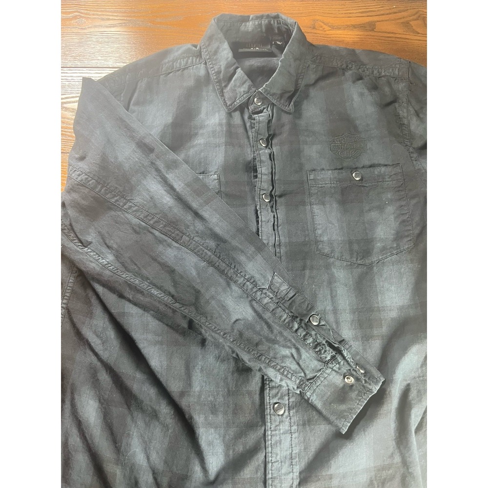 Harley-Davidson Logo Shirt Mens XL Black Blue Western Pearl Snap Long Sleeve